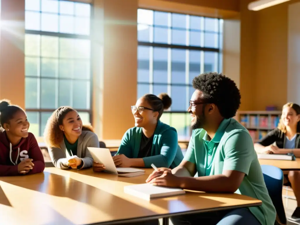 Estudiantes diversos participan activamente en una clase moderna, fomentando un ambiente educativo inclusivo