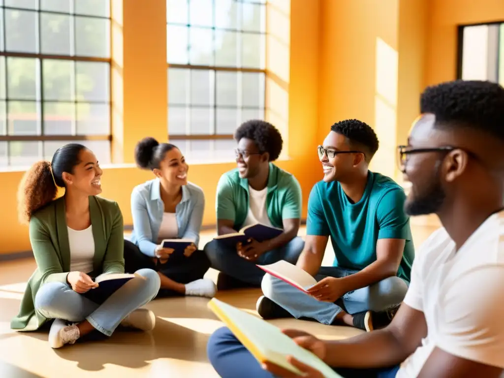 Estudiantes diversificados participan en animada discusión, rodeados de libros y laptops