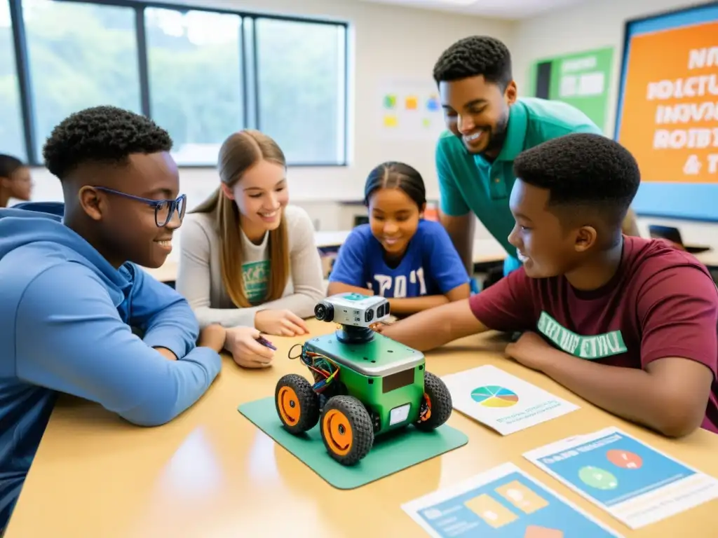 Estudiantes diversos trabajan juntos en robots en un aula colorida, fomentando la innovación y la protección propiedad intelectual robótica educativa