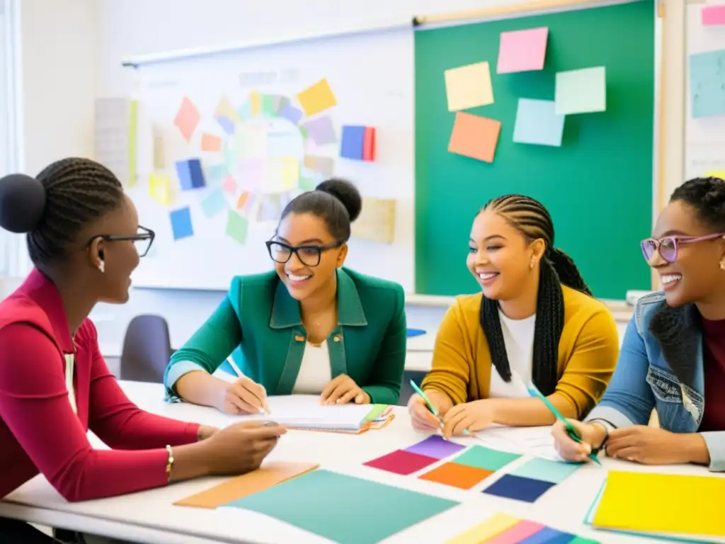 Estudiantes de diseño de moda colaborando en un aula llena de creatividad y conocimiento sobre derecho de autor para diseño de moda