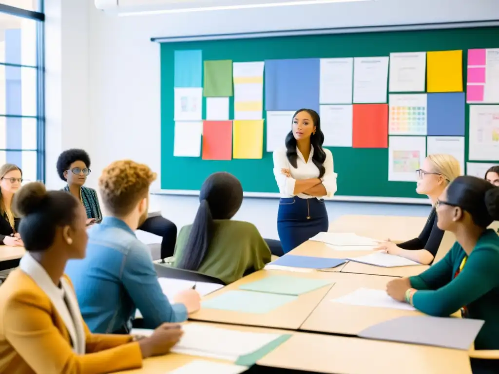 Estudiantes de diseño de moda escuchan atentamente una clase sobre el Derecho de autor para diseño de moda en un aula moderna y luminosa, rodeados de bocetos y telas