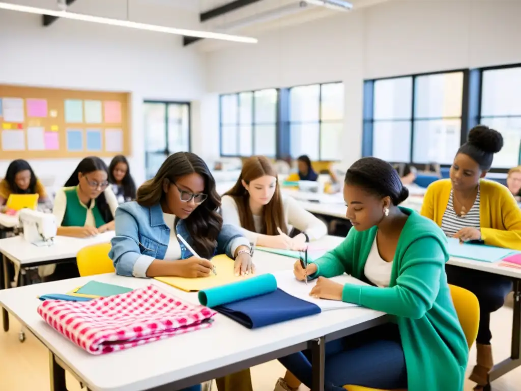 Estudiantes de diseño de moda debaten sobre derecho de autor mientras crean en aula luminosa y vibrante