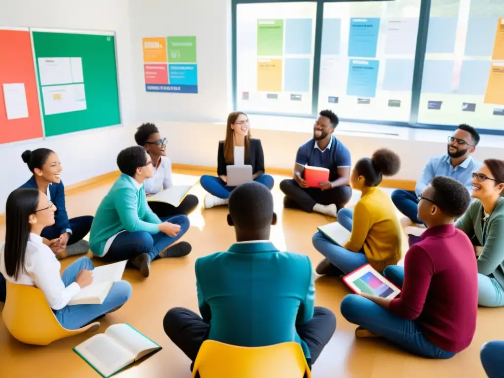 Debate sobre derechos de autor en aula moderna Estudiantes y profesores en círculo discuten sobre derechos de autor en una institución educativa que fomenta el respeto a la propiedad intelectual