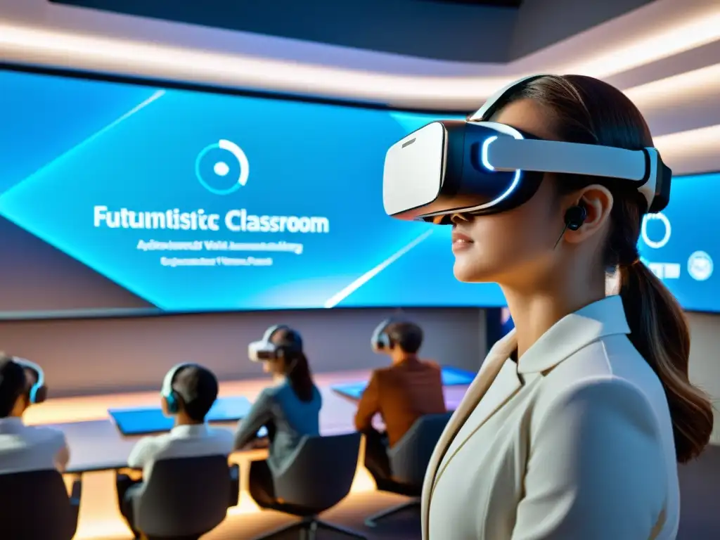 Estudiantes y profesores disfrutan de un innovador aula futurista con tecnología de realidad virtual, herramientas educativas basadas en IA y pantallas holográficas