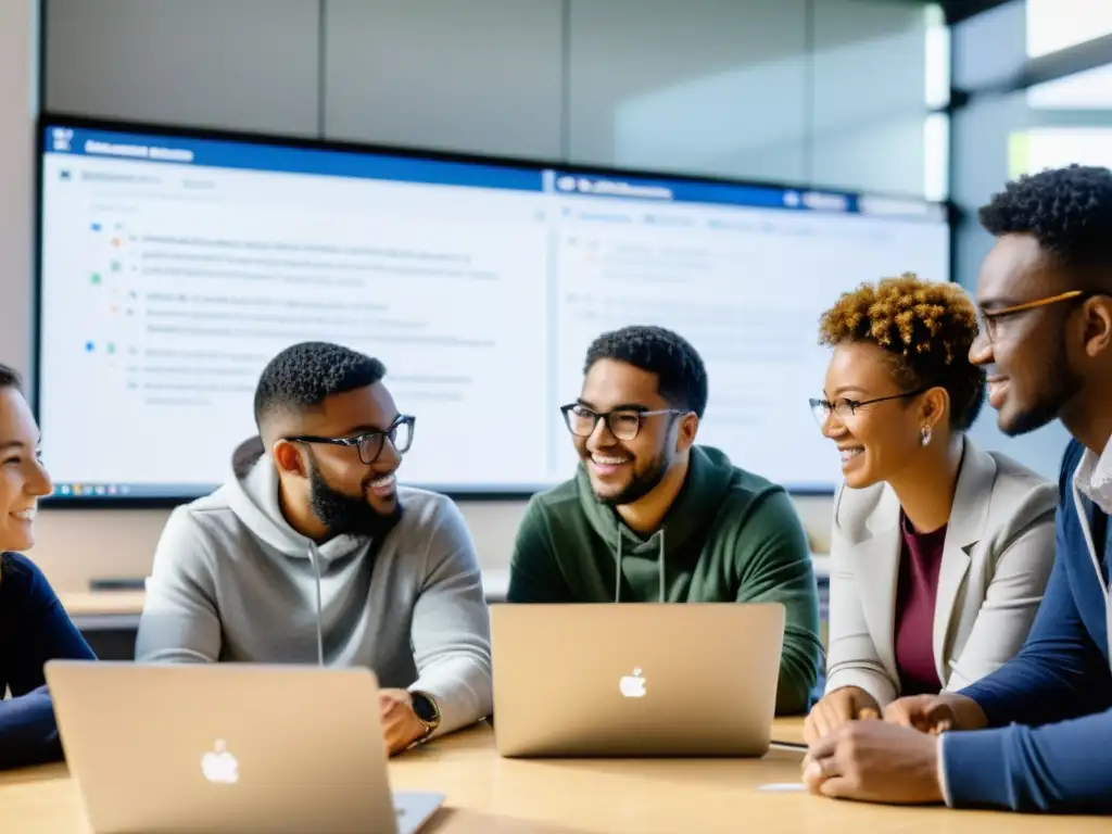 Estudiantes y profesores colaborando en proyecto de codificación en aula moderna