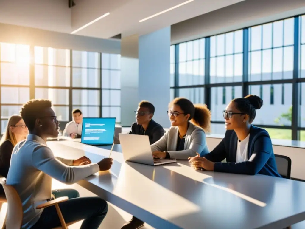 Estudiantes y profesores colaboran en un proyecto de codificación en una moderna aula universitaria