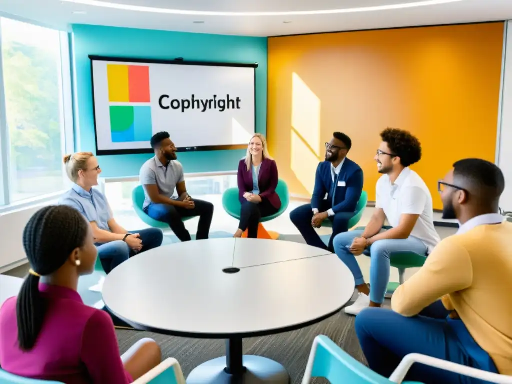 Debate sobre leyes de copyright en aula moderna Estudiantes y profesores debaten respeto a derechos autor en un entorno educativo inclusivo y colaborativo con modernas instalaciones