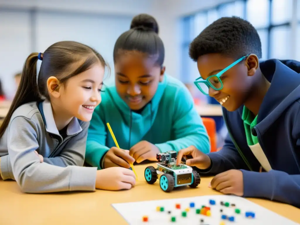 Estudiantes disfrutan creando y programando robots en un aula luminosa, reflejando la emoción y concentración de la robótica educativa