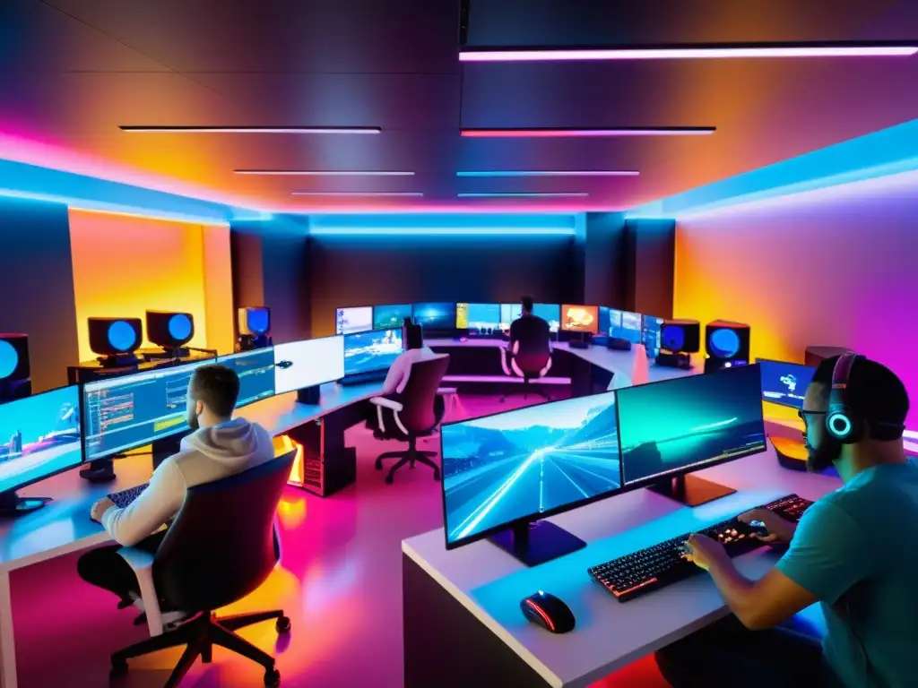Estudio de desarrollo de videojuegos con ambiente vanguardista y vibrantes luces de neón