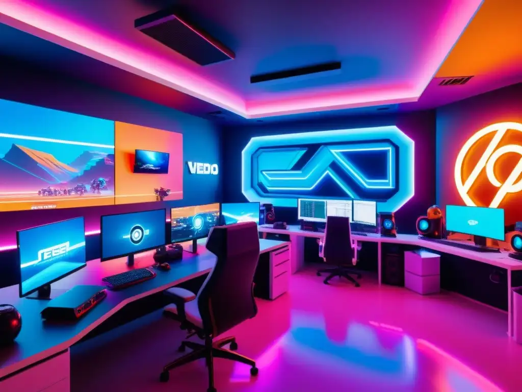 Un estudio de desarrollo de videojuegos moderno en 8k, con diseñadores y programadores trabajando entre tecnología futurista y arte conceptual de videojuegos