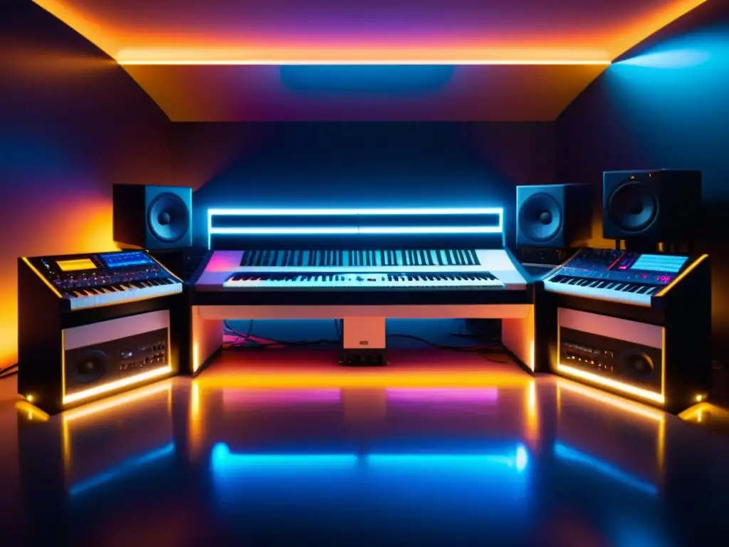 Un estudio de música electrónica moderno y detallado con equipos de última generación y una iluminación atmosférica