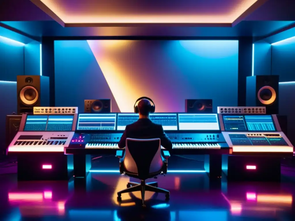 Estudio de música electrónica futurista y minimalista Un estudio de música electrónico futurista bañado en luces atmosféricas, con equipo de vanguardia