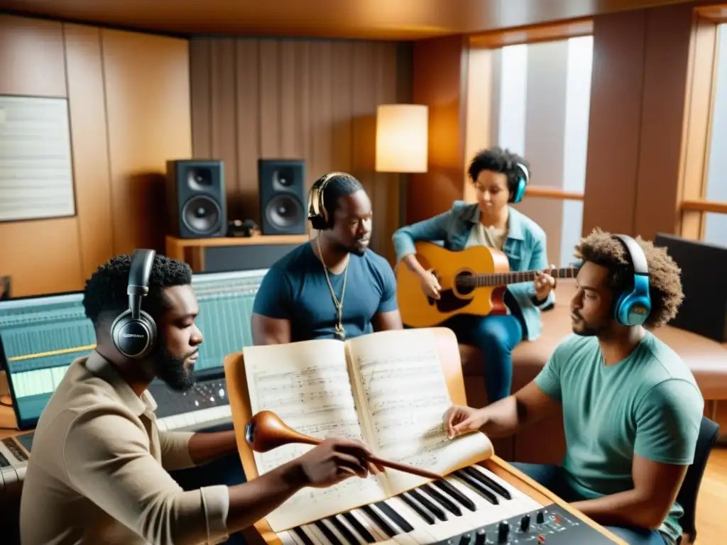 Un estudio de grabación iluminado por luz natural muestra músicos colaborando con pasión