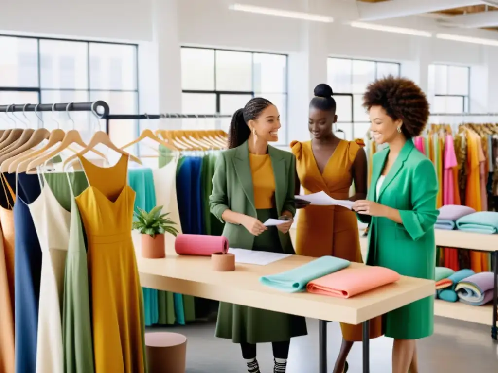 Un estudio luminoso con diseñadores de moda sostenible colaborando en un ambiente fresco y contemporáneo