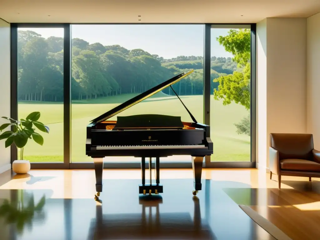 Un estudio luminoso con un piano de cola y partituras sobre un atril, perfecto para compositores y sus derechos de compensación