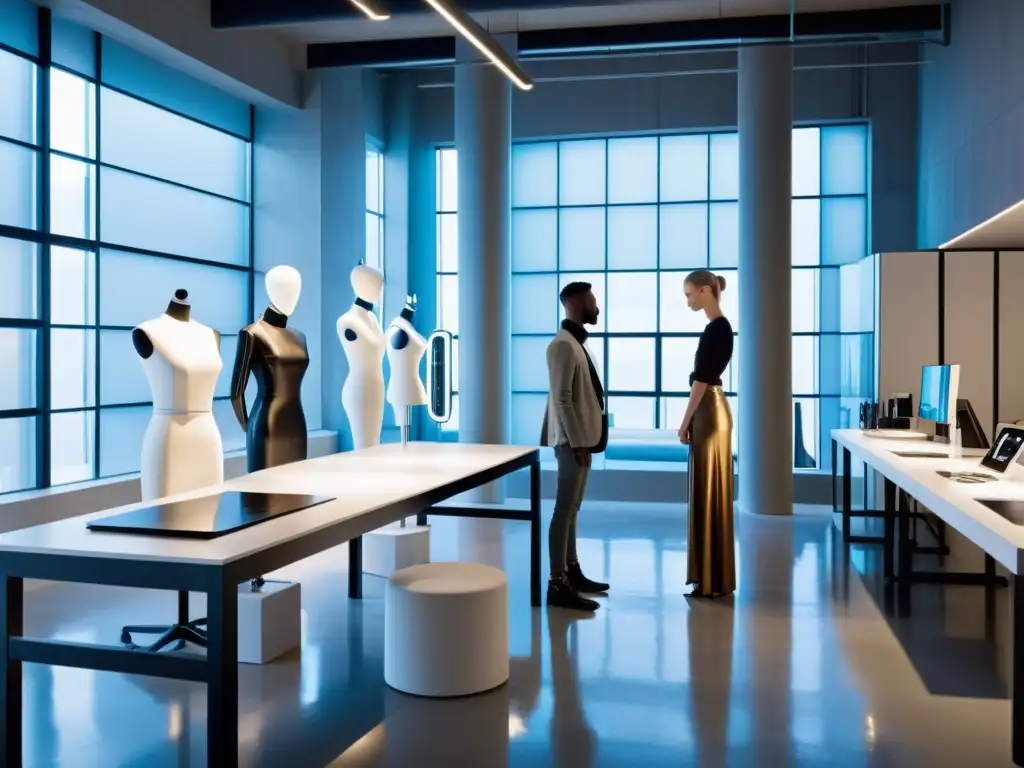 Estudio de diseño de moda inteligente con equipo de vanguardia y prototipos futuristas en maniquíes