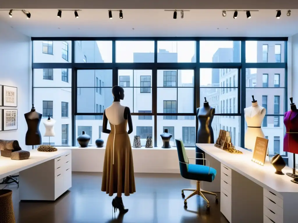 Un estudio de diseño de moda moderno y elegante con vista a una bulliciosa calle de la ciudad