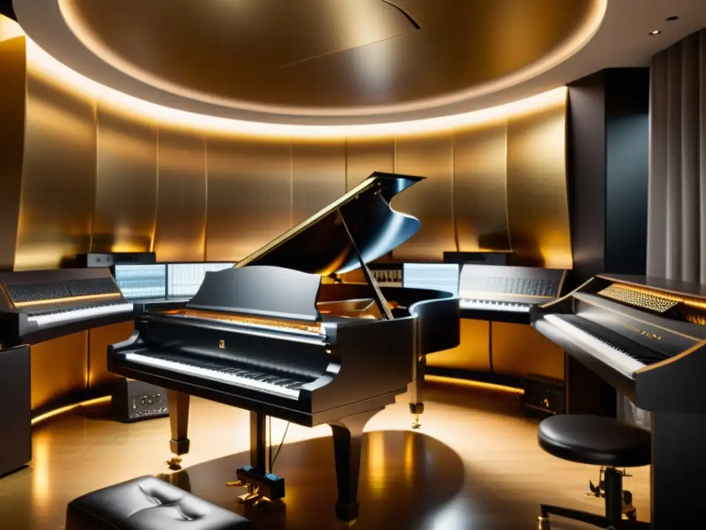 Un estudio de grabación moderno y cálido con músico apasionado tocando un piano de cola, rodeado de tecnología vanguardista y atmósfera creativa