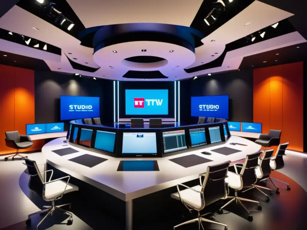 En un estudio de televisión moderno y elegante, profesionales trabajan en la producción y transmisión de contenido