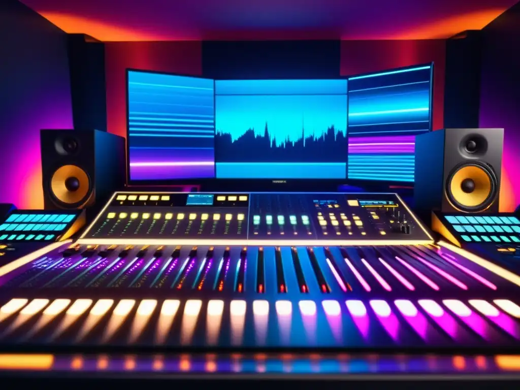 Estudio de música ultramoderno: Creatividad en acción Estudio de música moderno con equipo electrónico de vanguardia y visualizaciones de ondas sonoras, generando una atmósfera dinámica