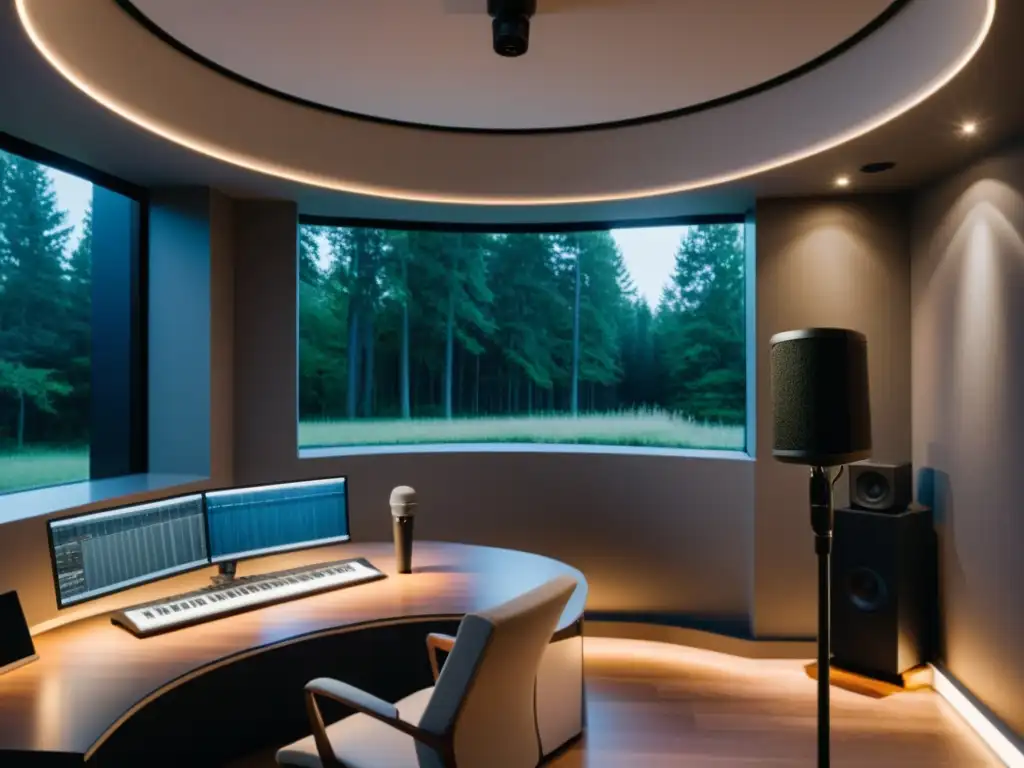 Un estudio de grabación moderno y minimalista, con equipo de audio de última generación y una atmósfera profesional y pulida
