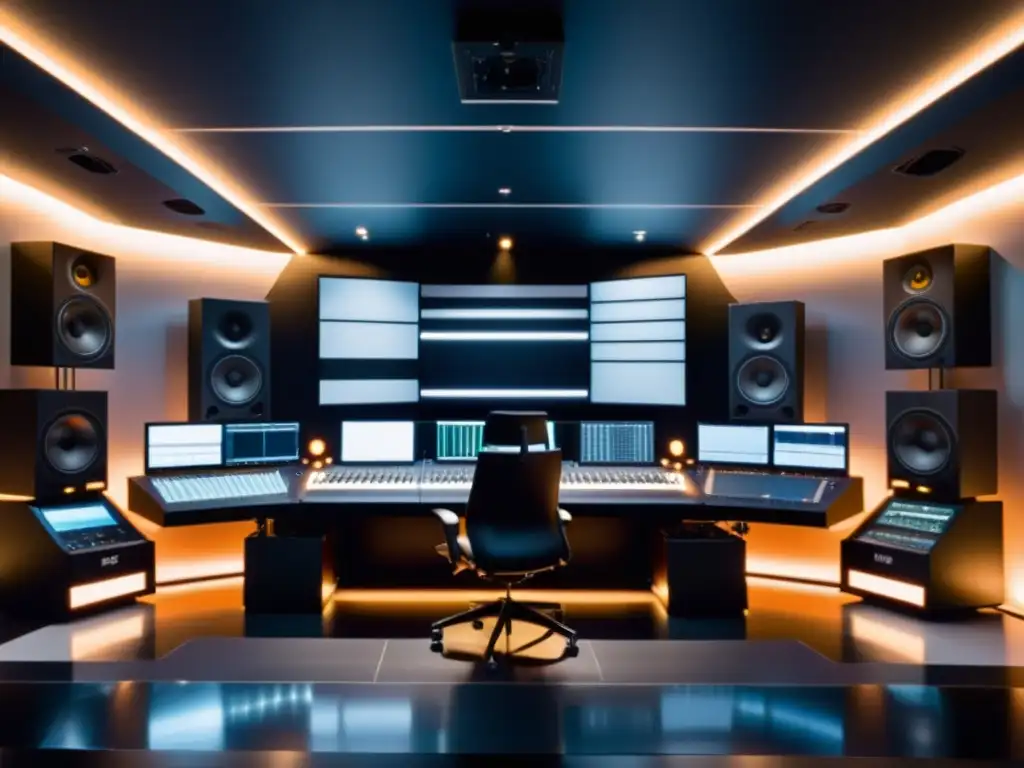 Un estudio de grabación moderno con paneles acústicos en blanco y negro, un productor en una consola de mezcla y un ambiente profesional