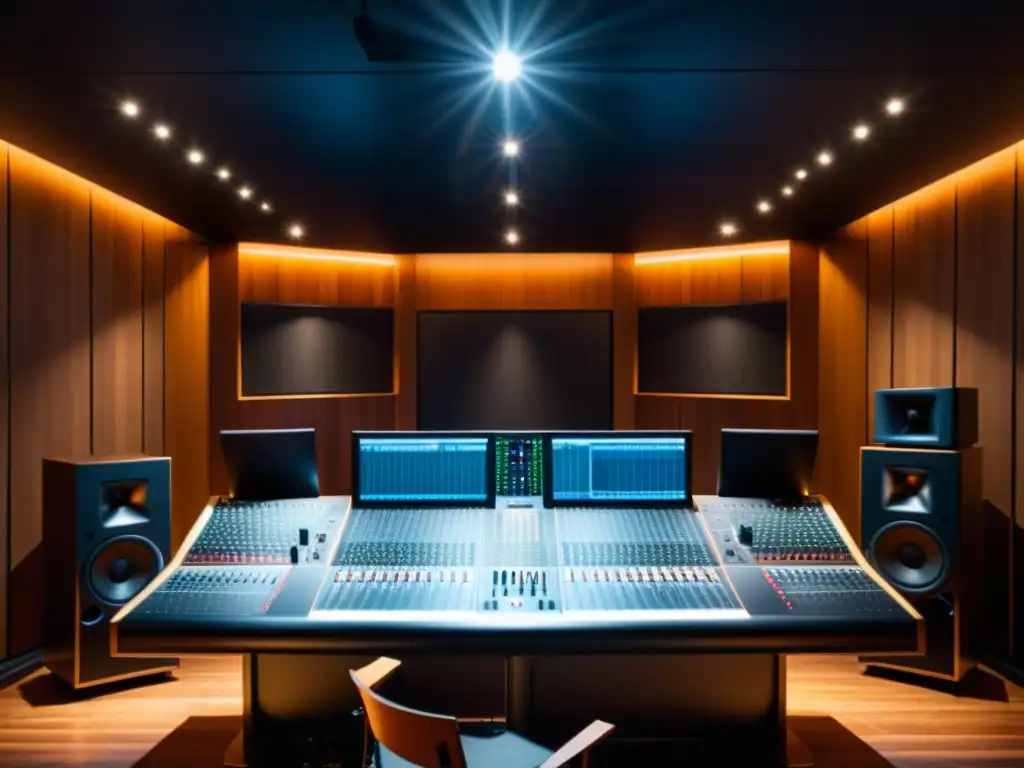 Dentro de un estudio de grabación moderno, un productor trabaja inmerso en el proceso creativo