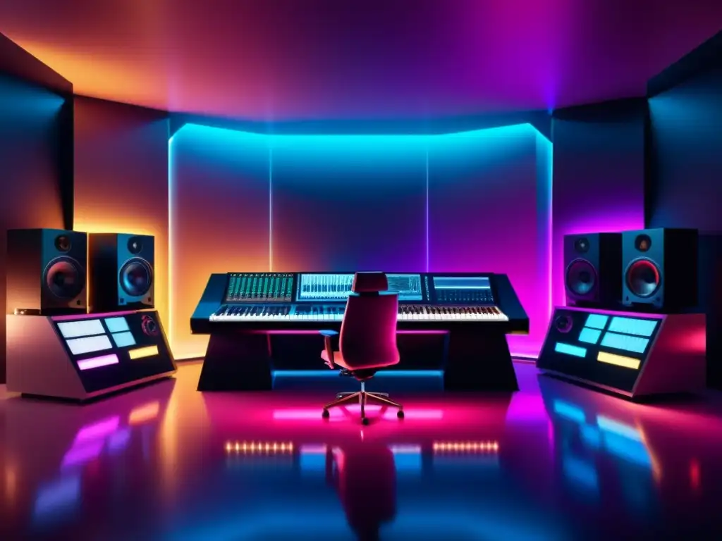 Un estudio de música futurista con equipo de última generación rodeado de luces LED suaves en colores variados