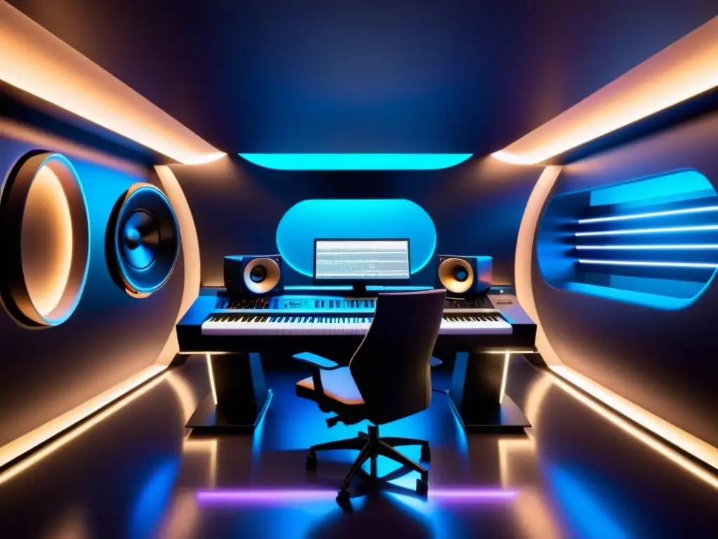 Estudio de música futurista con diseño minimalista, tecnología avanzada e iluminación ambiental