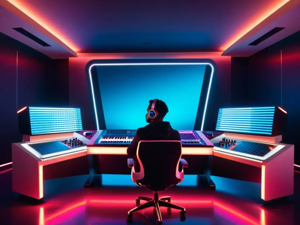 En un estudio de música futurista, un productor ajusta controles con precisión