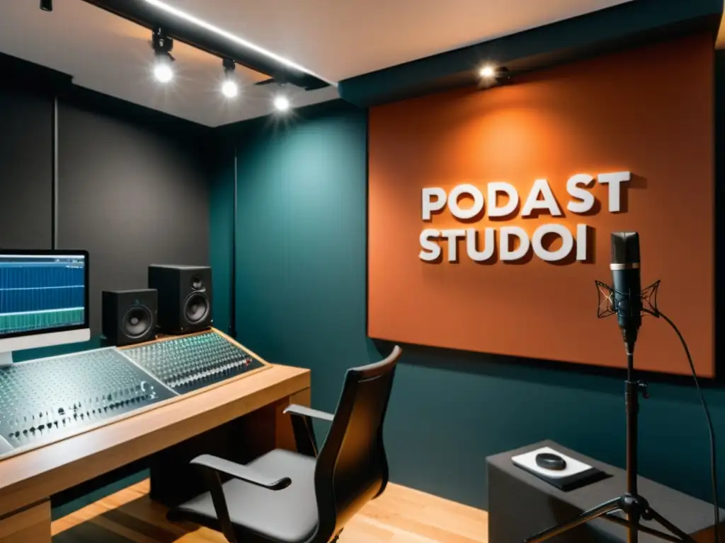 Un estudio de podcast bien iluminado con equipo moderno para grabación de audio, creando un ambiente profesional y acogedor