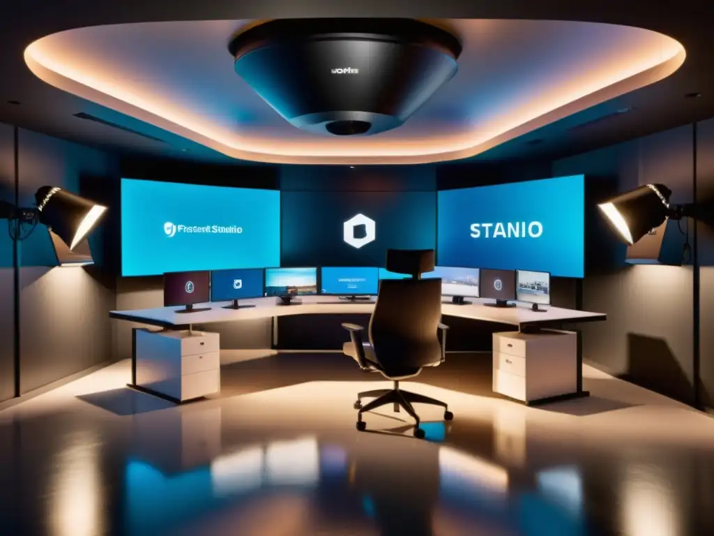 Un estudio de streaming moderno y profesional con creador de contenido rodeado de tecnología, reflejando la ética en la creación de contenido digital