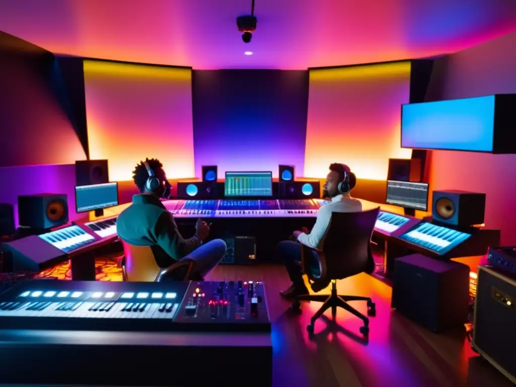 Un estudio de grabación de vanguardia donde músicos y productores colaboran en la industria musical, rodeados de instrumentos y equipos