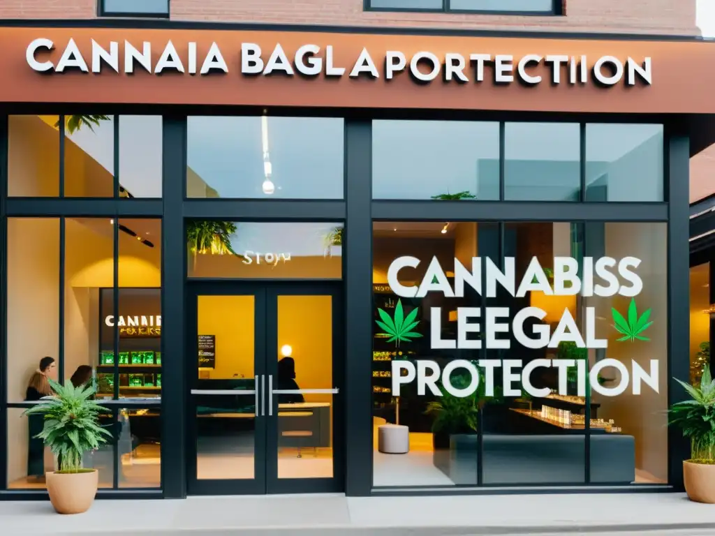 Exclusiva protección legal para marcas de cannabis en un moderno y elegante escaparate, con una atmósfera de confianza y profesionalismo