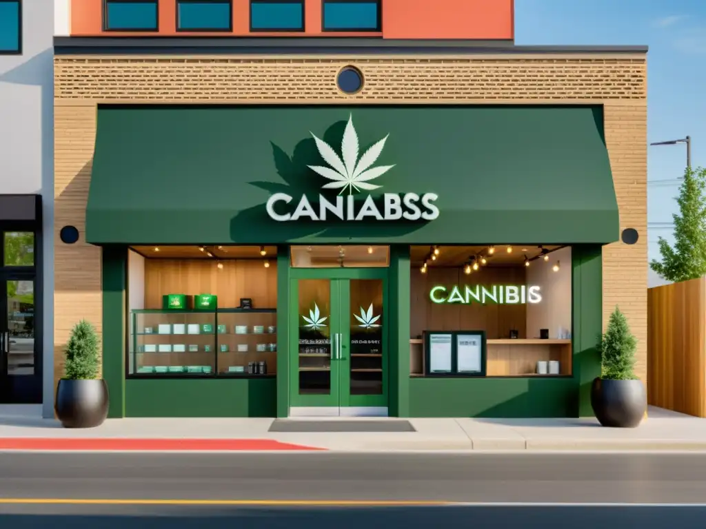 Exclusiva tienda de cannabis con protección legal marcas cannabis en un ambiente elegante y profesional, con iluminación ambiental