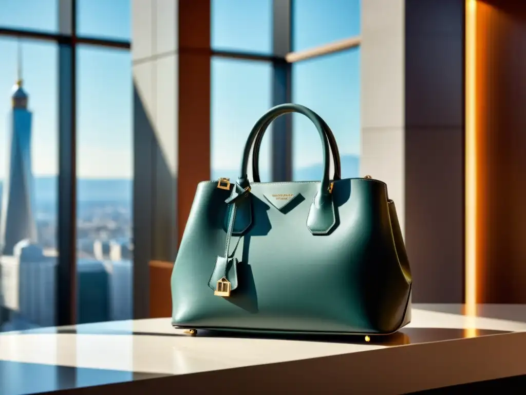 Exclusividad y opulencia en accesorios de alta gama propiedad intelectual: lujoso bolso de cuero en moderno entorno arquitectónico