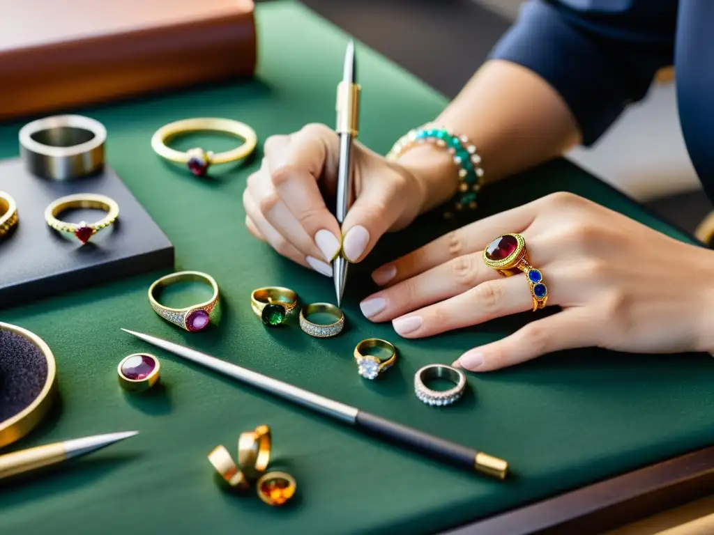 Un experto joyero crea con precisión una elegante joya, rodeado de gemas y herramientas
