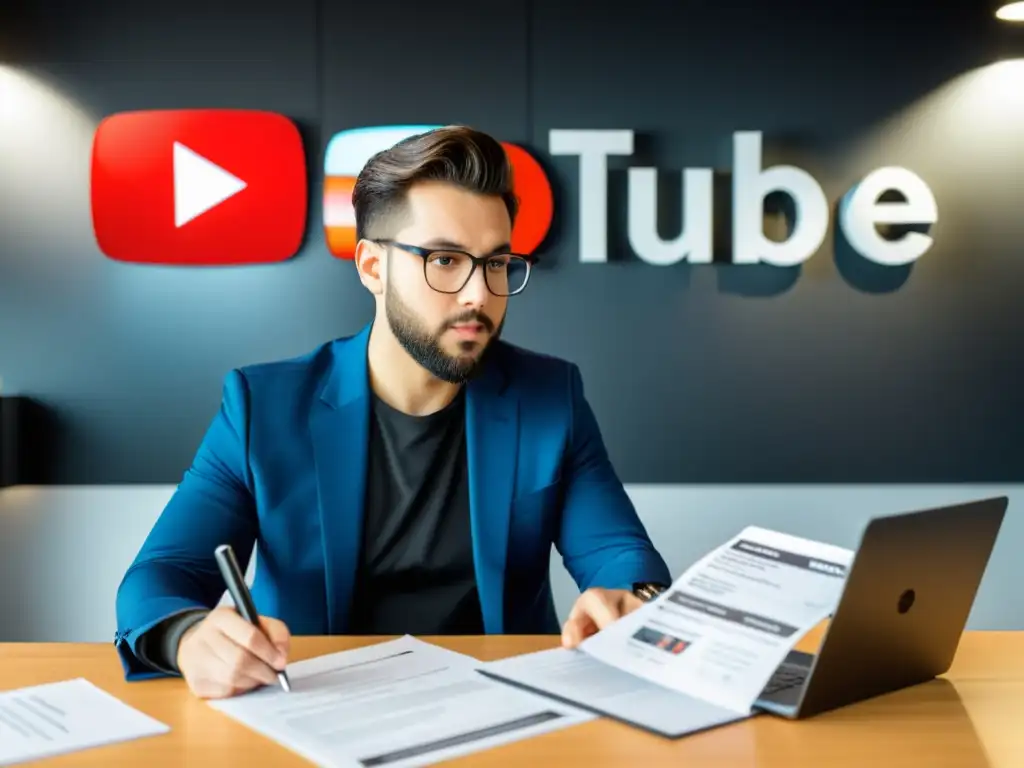 Un experto legal revisa las políticas de derechos de autor en YouTube, rodeado de tecnología moderna