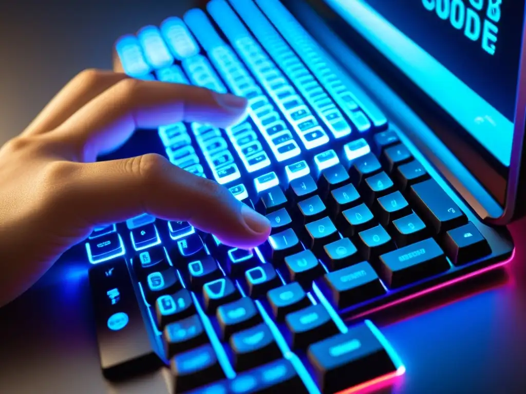 Un experto teclea líneas de código en un elegante teclado iluminado, destacando la precisión y la creación de software