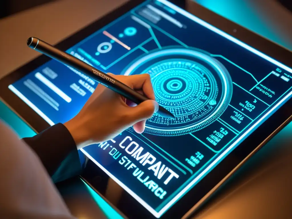 Un experto redacta reclamación patente software efectiva en un ambiente futurista de alta tecnología