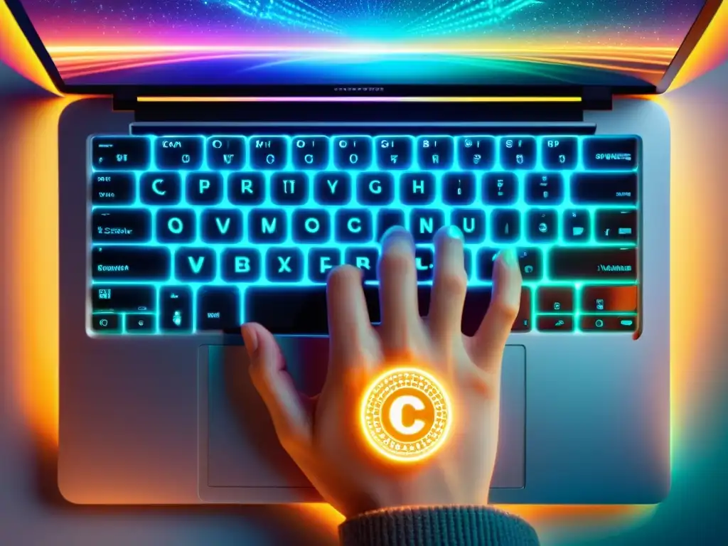 Un experto en propiedad intelectual trabaja en su laptop, rodeado de elementos legales y literarios