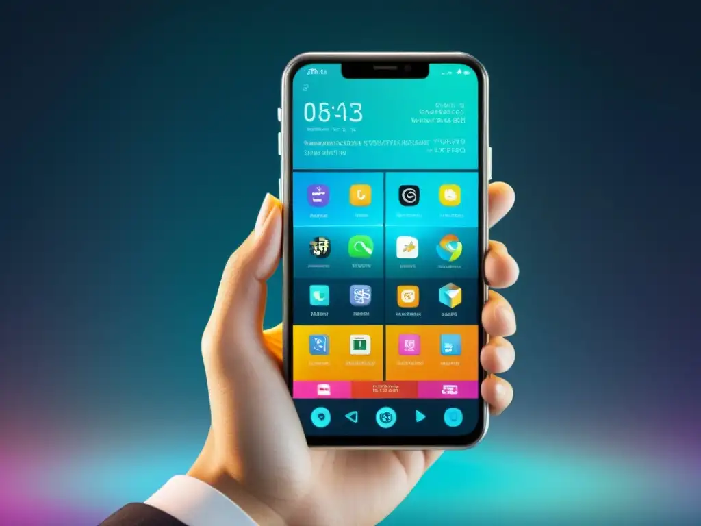 Teléfono móvil futurista con código y apps innovadoras Un experto sostiene un teléfono móvil futurista con pantalla transparente que muestra líneas de código y apps innovadoras