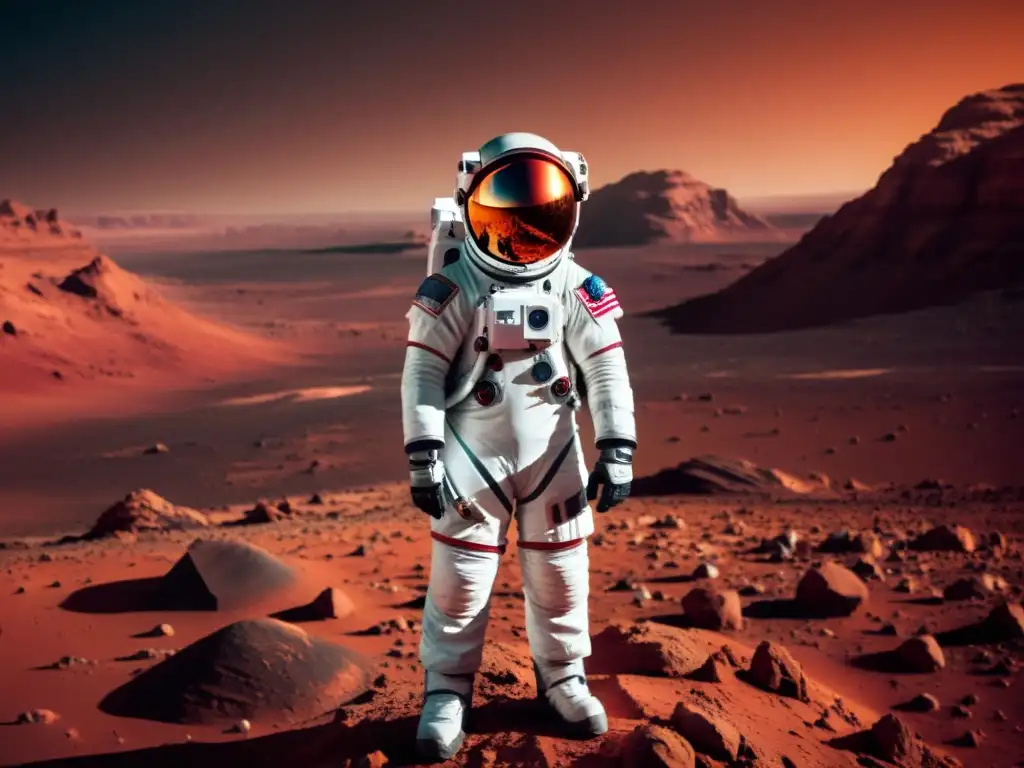 Exploración espacial en Marte: astronauta examina equipo, paisaje rojo, regulación propiedad intelectual