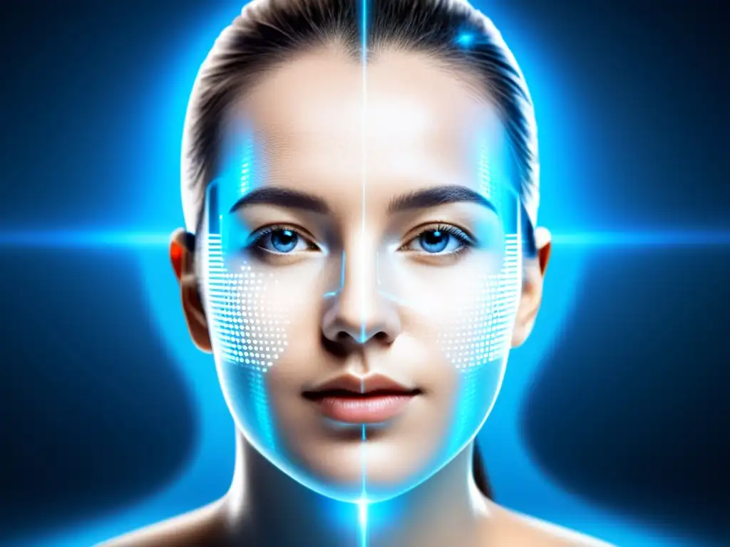 Exploración facial con tecnología futurista, resaltando datos y desafíos legales del reconocimiento facial en azules y plateados