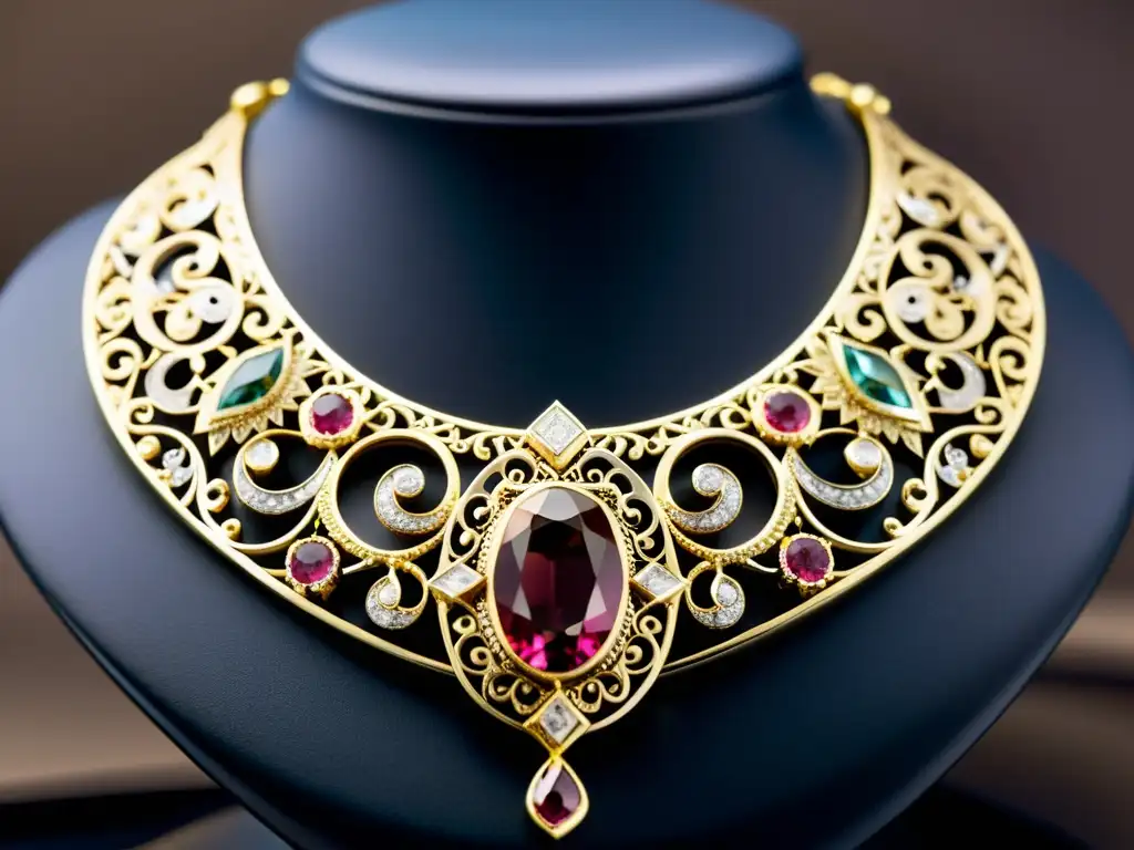 Una exquisita y detallada imagen de un collar intrincadamente diseñado con piedras preciosas y metales, resaltando su artesanía única