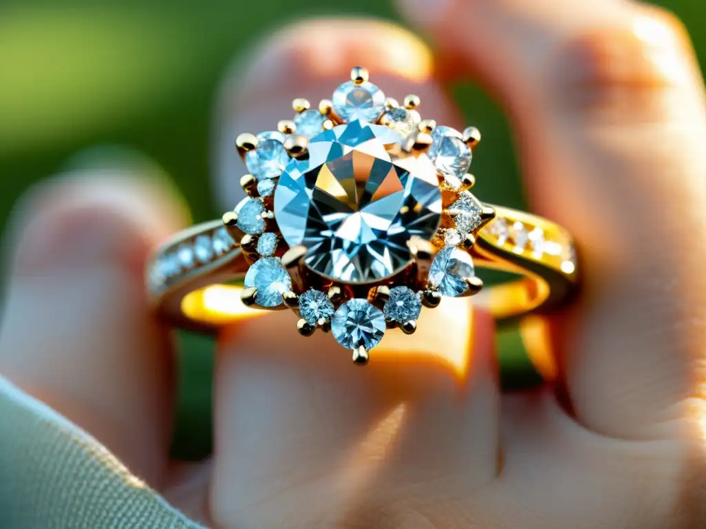 Exquisito anillo de compromiso de diamantes, resaltando detalles y brillo bajo luz natural