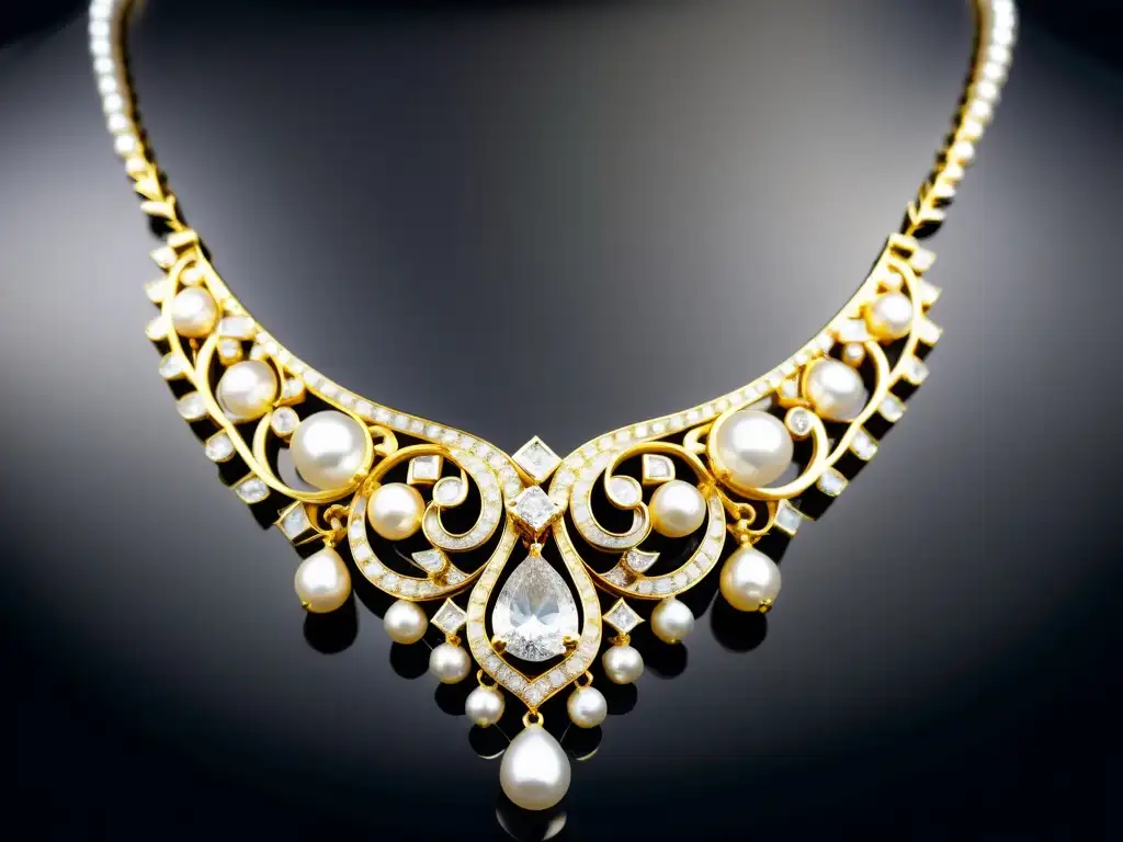 Exquisito collar de diamantes y perlas, resaltando la belleza de las gemas