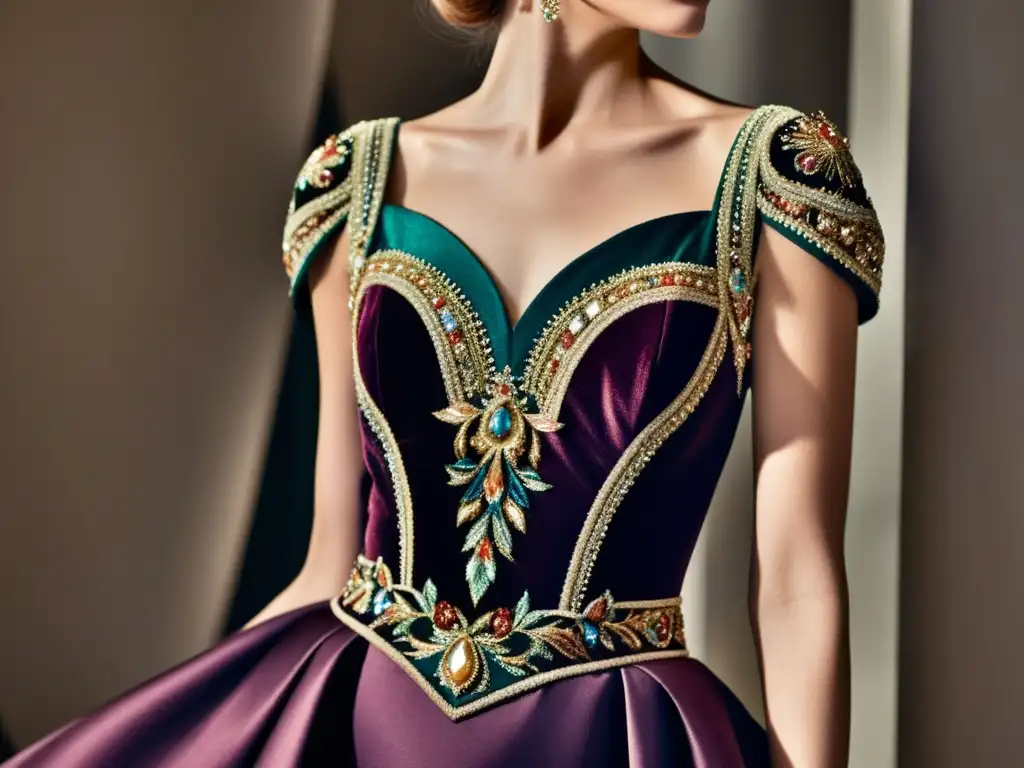 Exquisito vestido de alta costura en tono joya, con detalles y bordados artesanales