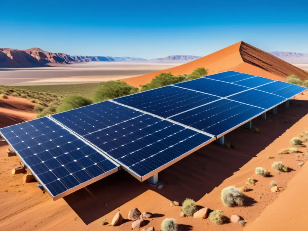 Un extenso campo de paneles solares modernos se extiende en el desierto, brillando bajo el cielo azul
