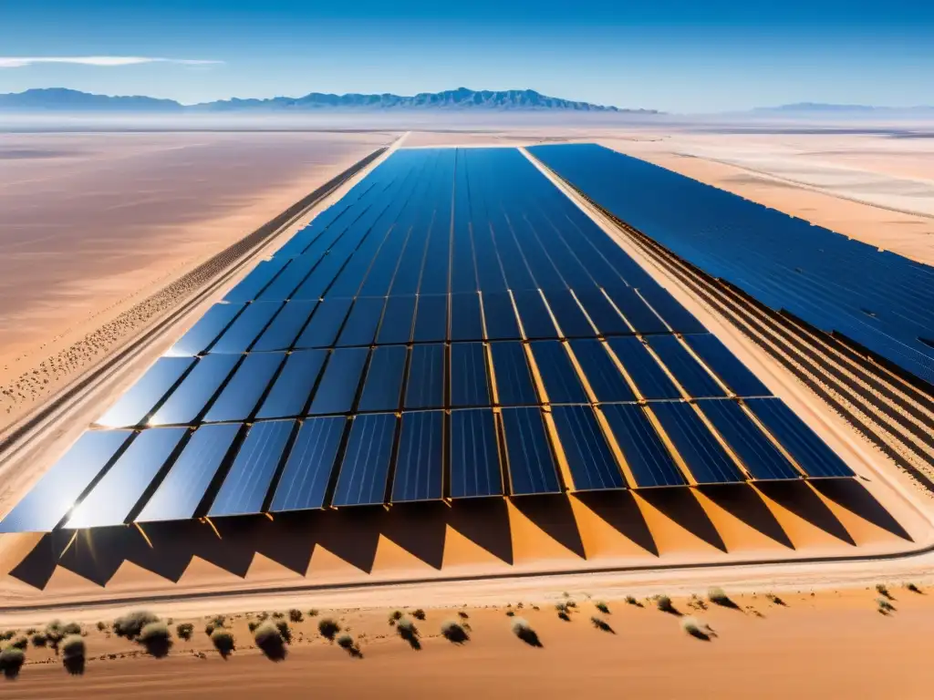 Un extenso campo de paneles solares en el desierto, creando un patrón geométrico hipnotizante